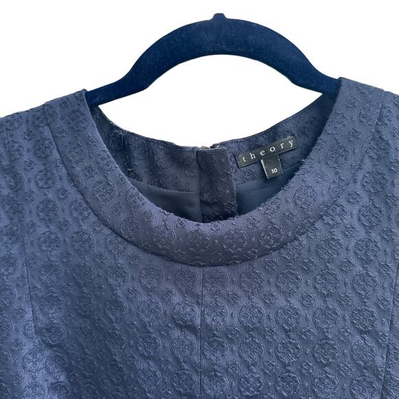 Theory Embroidered Navy Blue Cap Sleeve Dress Size 10 Textured Formal Dressy - Picture 3 of 11